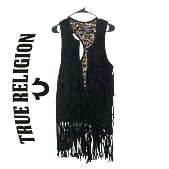 True Religion Jackets & Blazers - True Religion Boho Leather Leopard Print
Fringe Black Vest Size Medium NWT